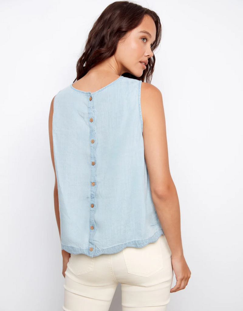 Charlie B Nan Scallop Hem Sleeveless Top with Back Decorative Buttons
