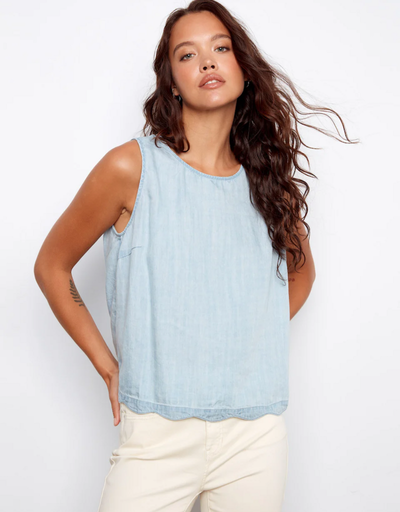 Charlie B Nan Scallop Hem Sleeveless Top with Back Decorative Buttons