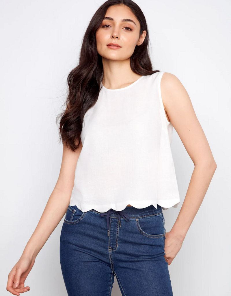 Charlie B Nan Scallop Hem Sleeveless Top with Back Decorative Buttons
