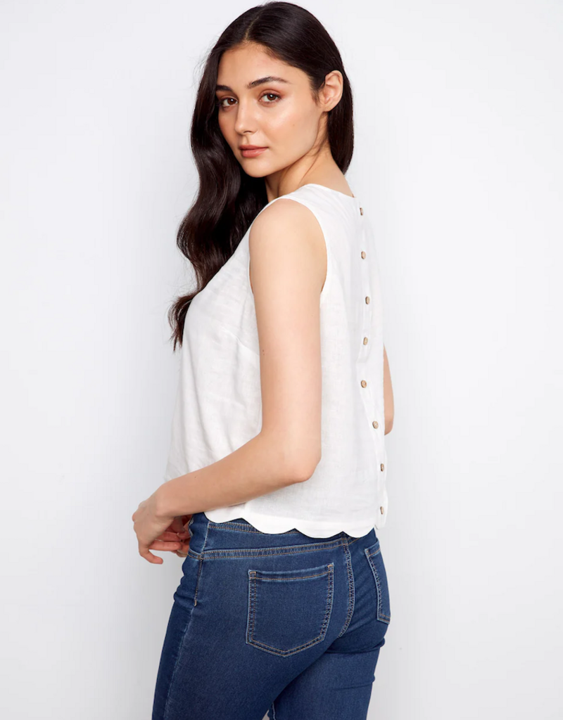 Charlie B Nan Scallop Hem Sleeveless Top with Back Decorative Buttons