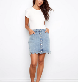 Charlie B Peony Scalloped Detail Denim Skirt with Built-In Shorts in Blue Denim