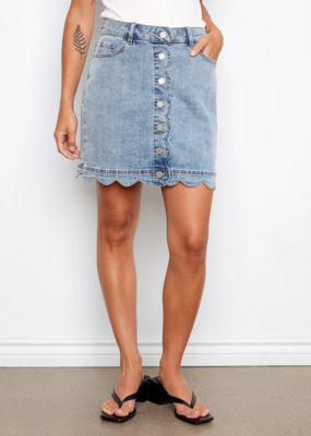 Charlie B Peony Scalloped Detail Denim Skirt with Built-In Shorts in Blue Denim
