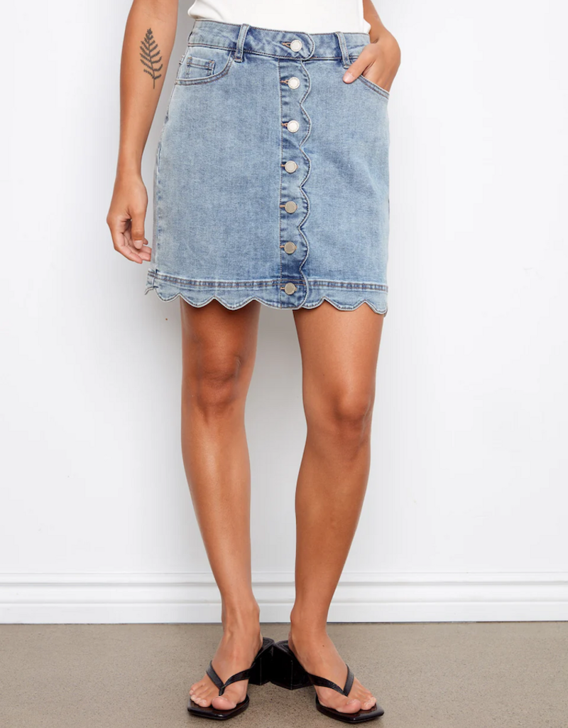 Charlie B Peony Scalloped Detail Denim Skirt with Built-In Shorts in Blue Denim