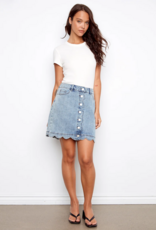 Charlie B Peony Scalloped Detail Denim Skirt with Built-In Shorts in Blue Denim
