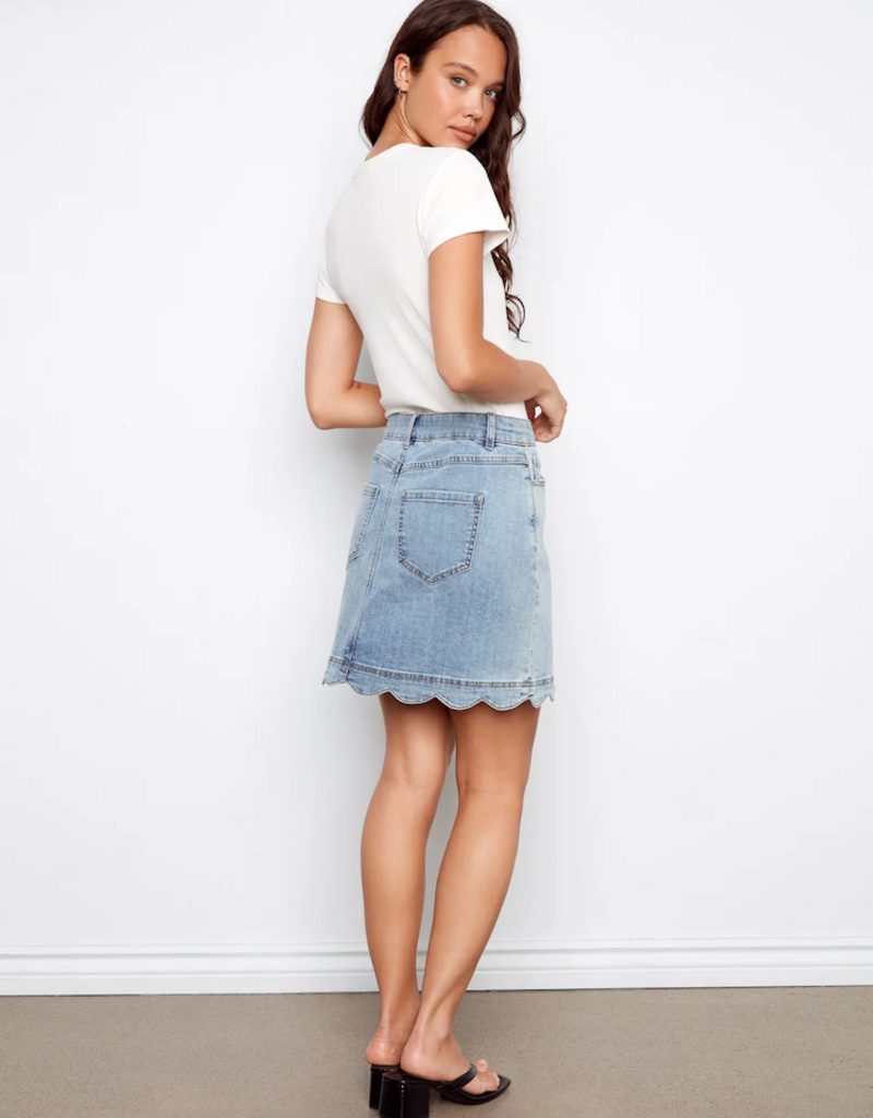 Charlie B Peony Scalloped Detail Denim Skirt with Built-In Shorts in Blue Denim