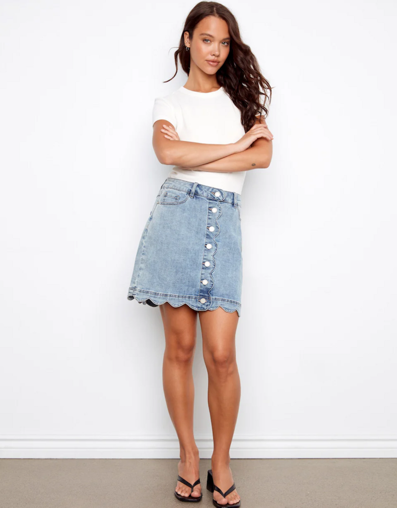 Charlie B Peony Scalloped Detail Denim Skirt with Built-In Shorts in Blue Denim