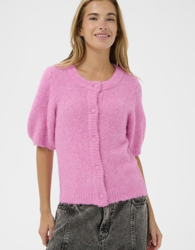 Kaffe Emelie Short Sleeve Knit Cardigan in Pink Power Melange