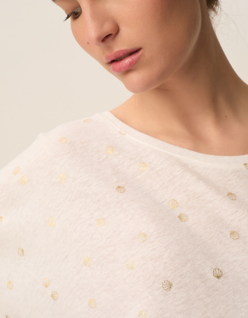 Des Petits Hauts Georgette Cotton Linen Printed T-shirt in White