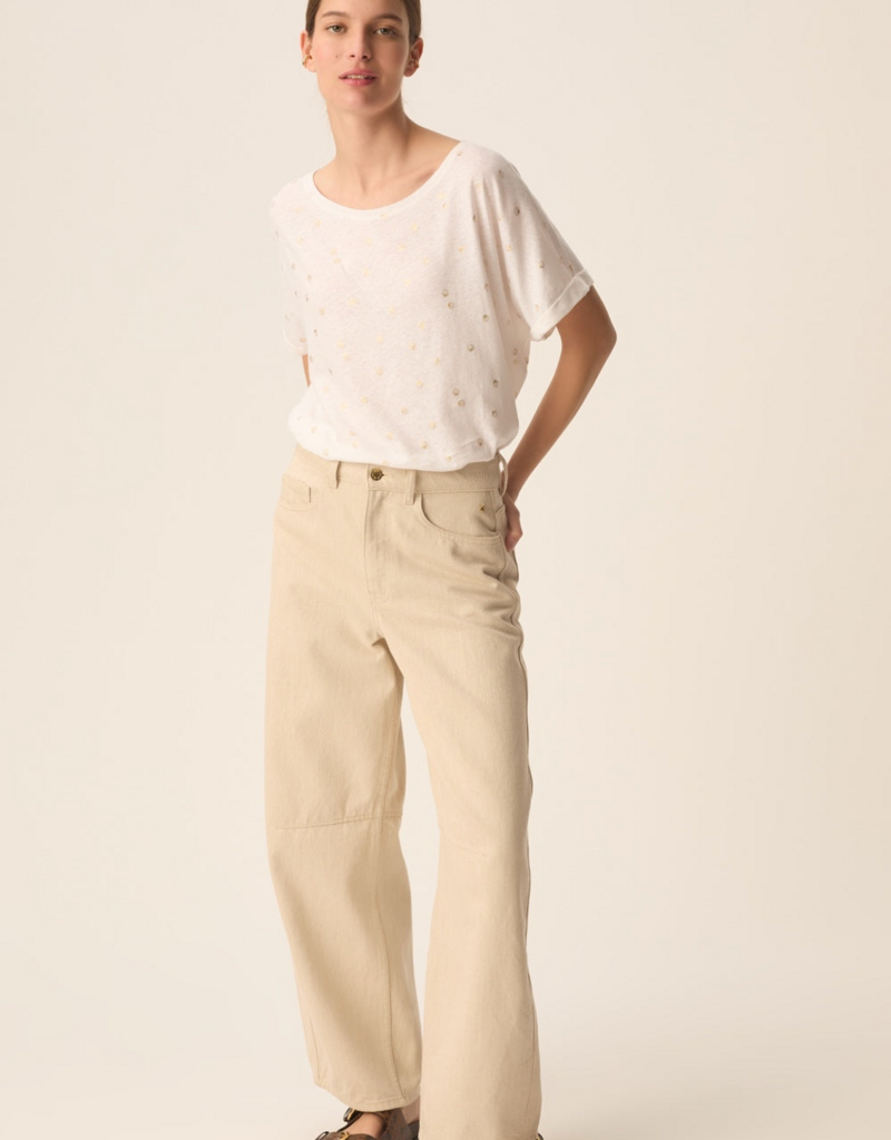 Des Petits Hauts Georgette Cotton Linen Printed T-shirt in White