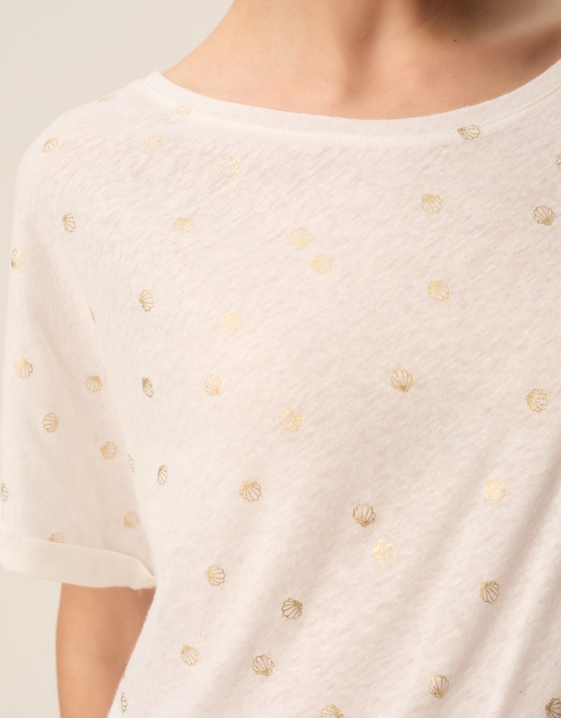 Des Petits Hauts Georgette Cotton Linen Printed T-shirt in White