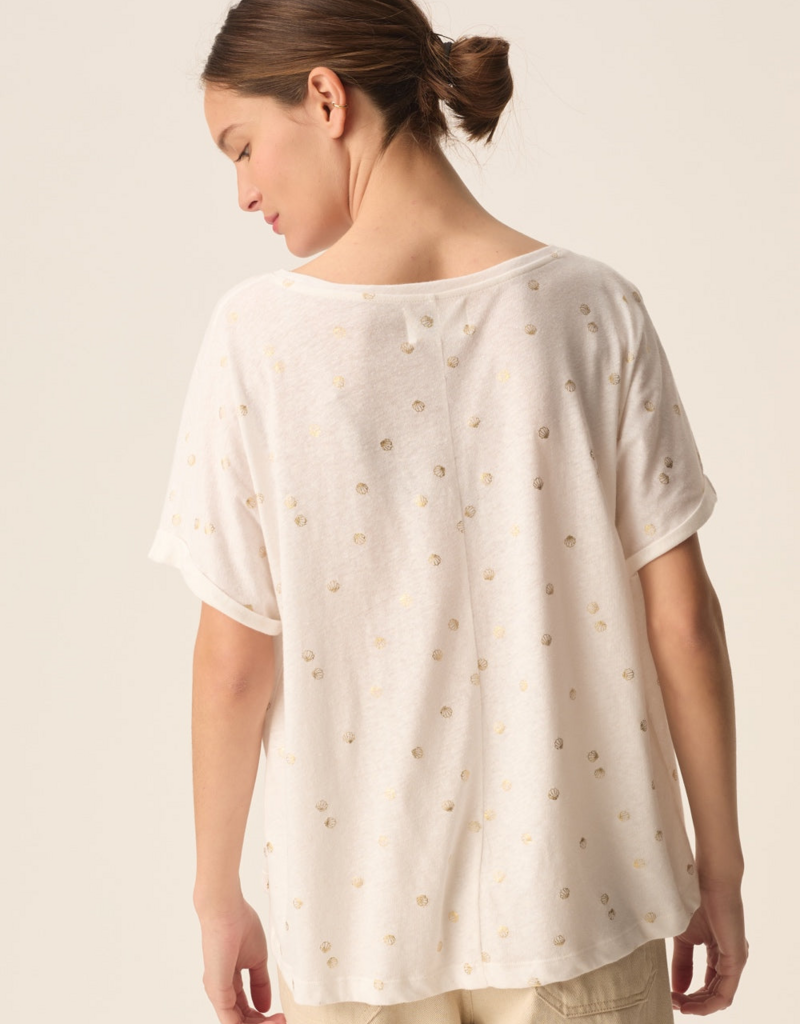 Des Petits Hauts Georgette Cotton Linen Printed T-shirt in White