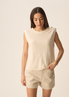 Des Petits Hauts Brazou 100% Linen Knit Slipover with Gold Flower Buttons