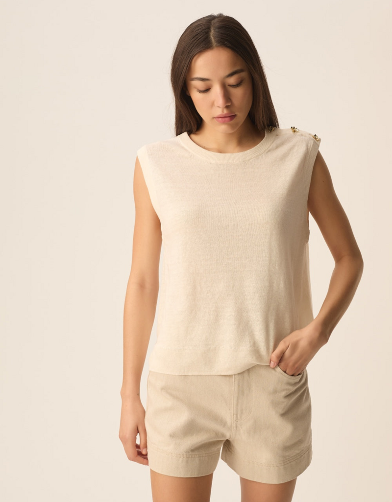 Des Petits Hauts Brazou 100% Linen Knit Slipover with Gold Flower Buttons