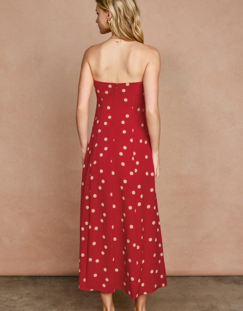 Dress Forum Show Out Strapless Midi in Red/Ivory Polka Dot