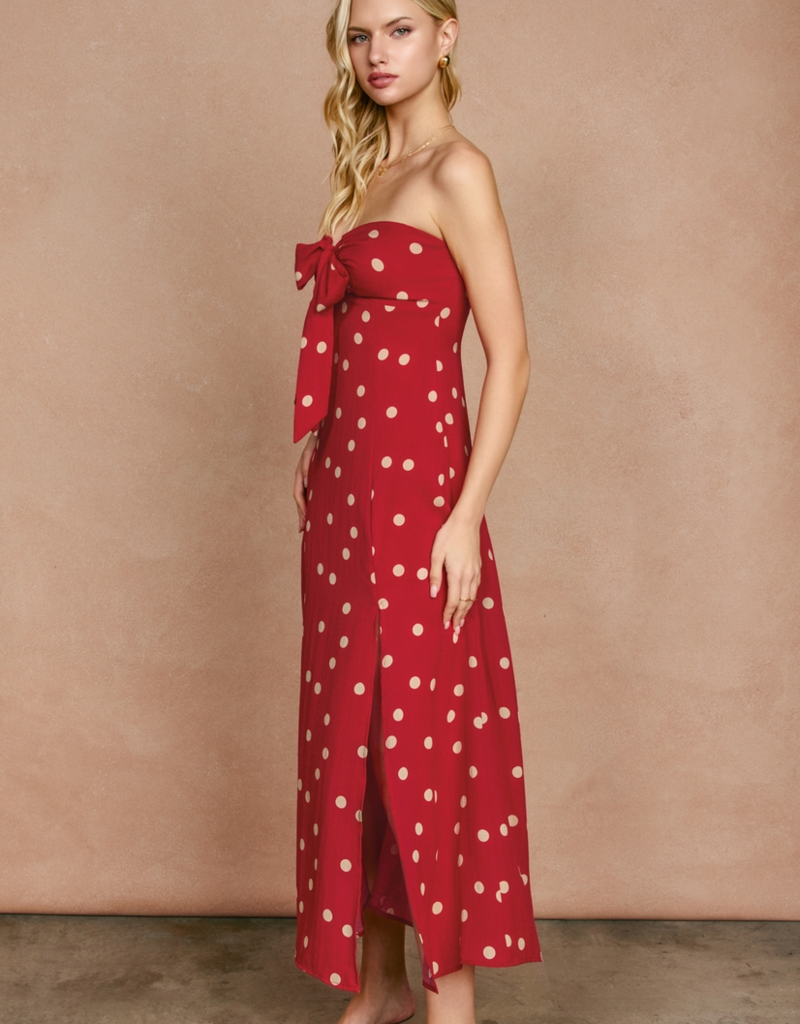Dress Forum Show Out Strapless Midi in Red/Ivory Polka Dot