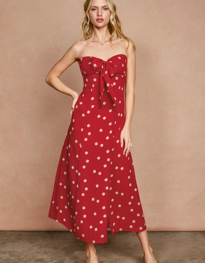 Dress Forum Show Out Strapless Midi in Red/Ivory Polka Dot