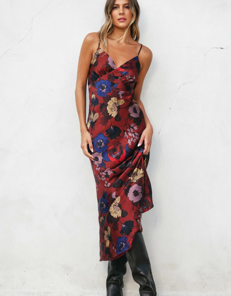 Dress Forum Fireplace Chevron Seam Open Back Satin Midi Dress in Brandy Russet Print