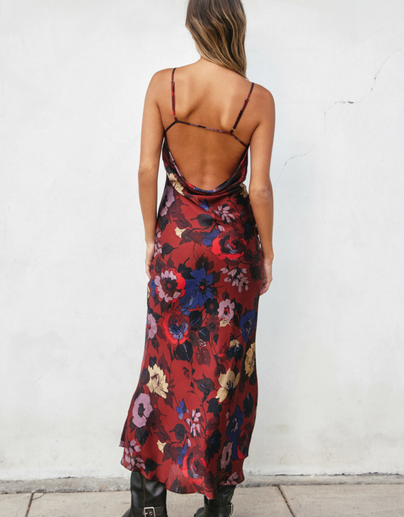 Dress Forum Fireplace Chevron Seam Open Back Satin Midi Dress in Brandy Russet Print