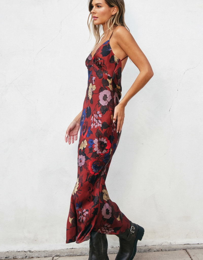 Dress Forum Fireplace Chevron Seam Open Back Satin Midi Dress in Brandy Russet Print