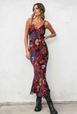 Dress Forum Fireplace Chevron Seam Open Back Satin Midi Dress in Brandy Russet Print