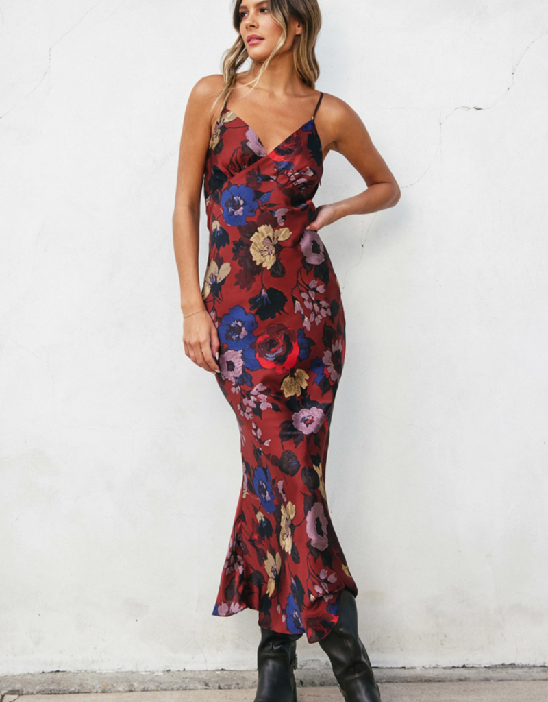 Dress Forum Fireplace Chevron Seam Open Back Satin Midi Dress in Brandy Russet Print