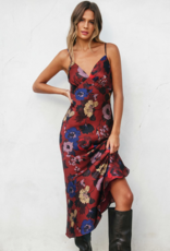 Dress Forum Fireplace Chevron Seam Open Back Satin Midi Dress in Brandy Russet Print