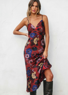 Dress Forum Fireplace Chevron Seam Open Back Satin Midi Dress in Brandy Russet Print