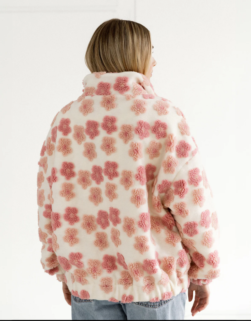 Brunette the Label Floral Sherpa Jacket in Cream and Pink Flowers