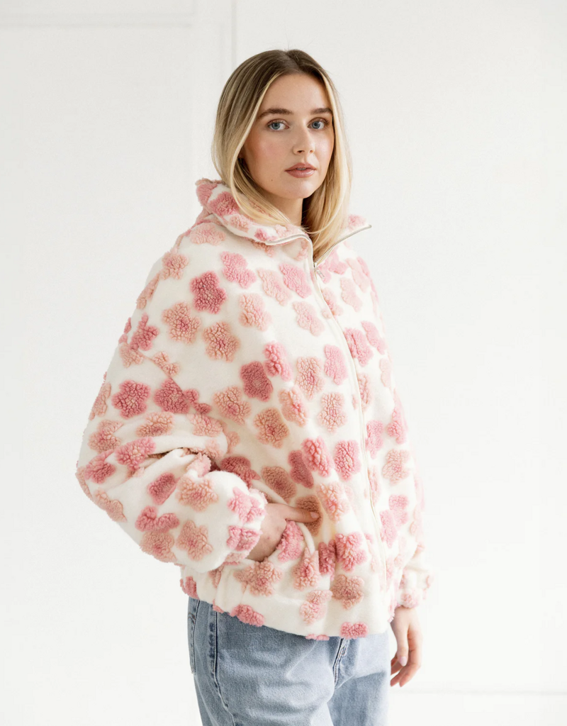 Brunette the Label Floral Sherpa Jacket in Cream and Pink Flowers