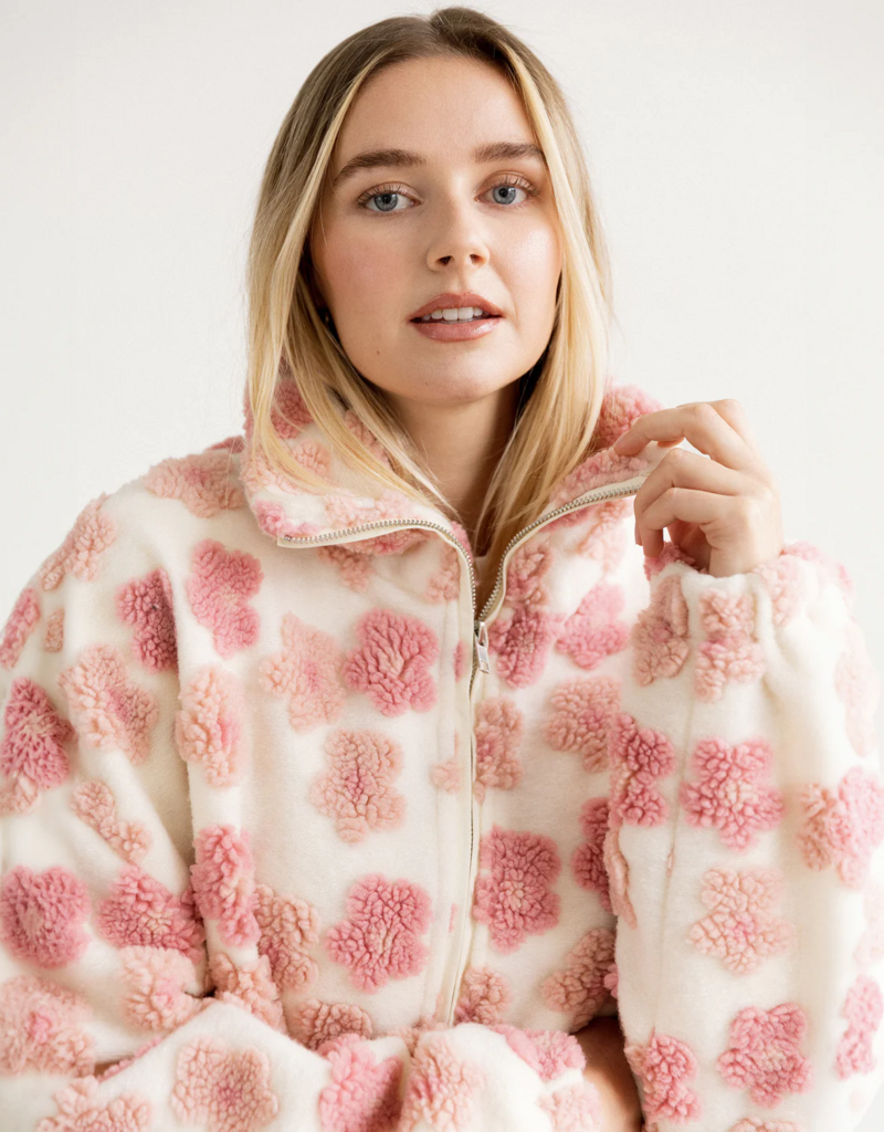Brunette the Label Floral Sherpa Jacket in Cream and Pink Flowers