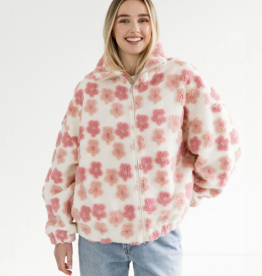 Brunette the Label Floral Sherpa Jacket in Cream and Pink Flowers