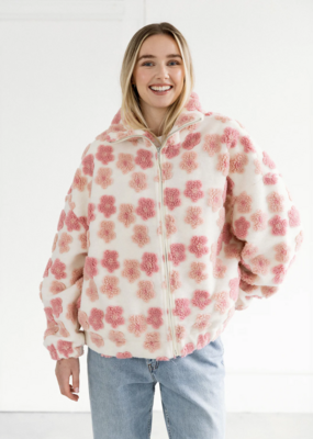 Brunette the Label Floral Sherpa Jacket in Cream and Pink Flowers