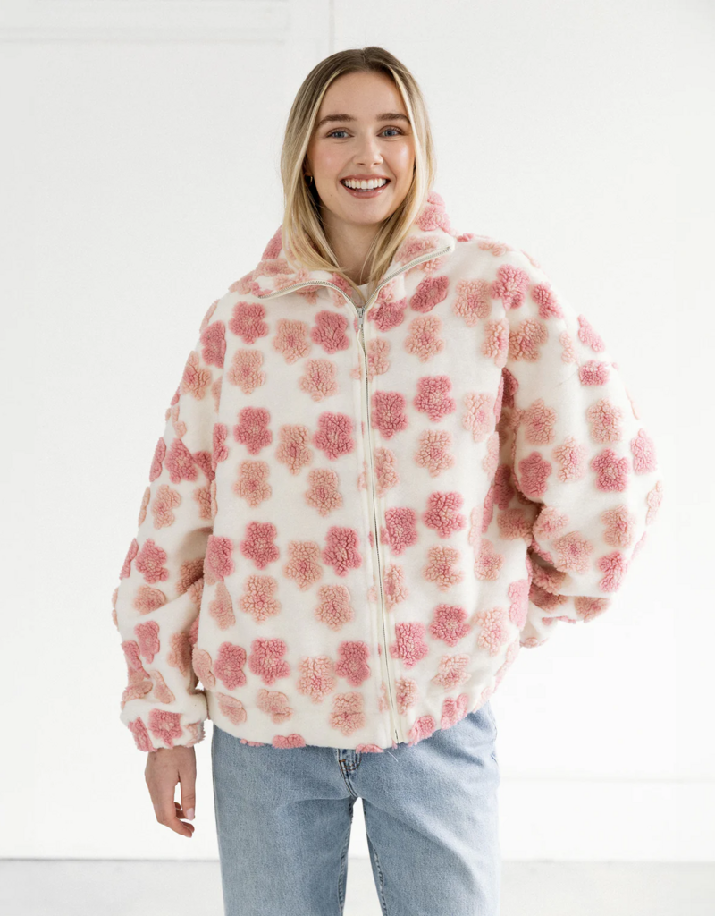 Brunette the Label Floral Sherpa Jacket in Cream and Pink Flowers