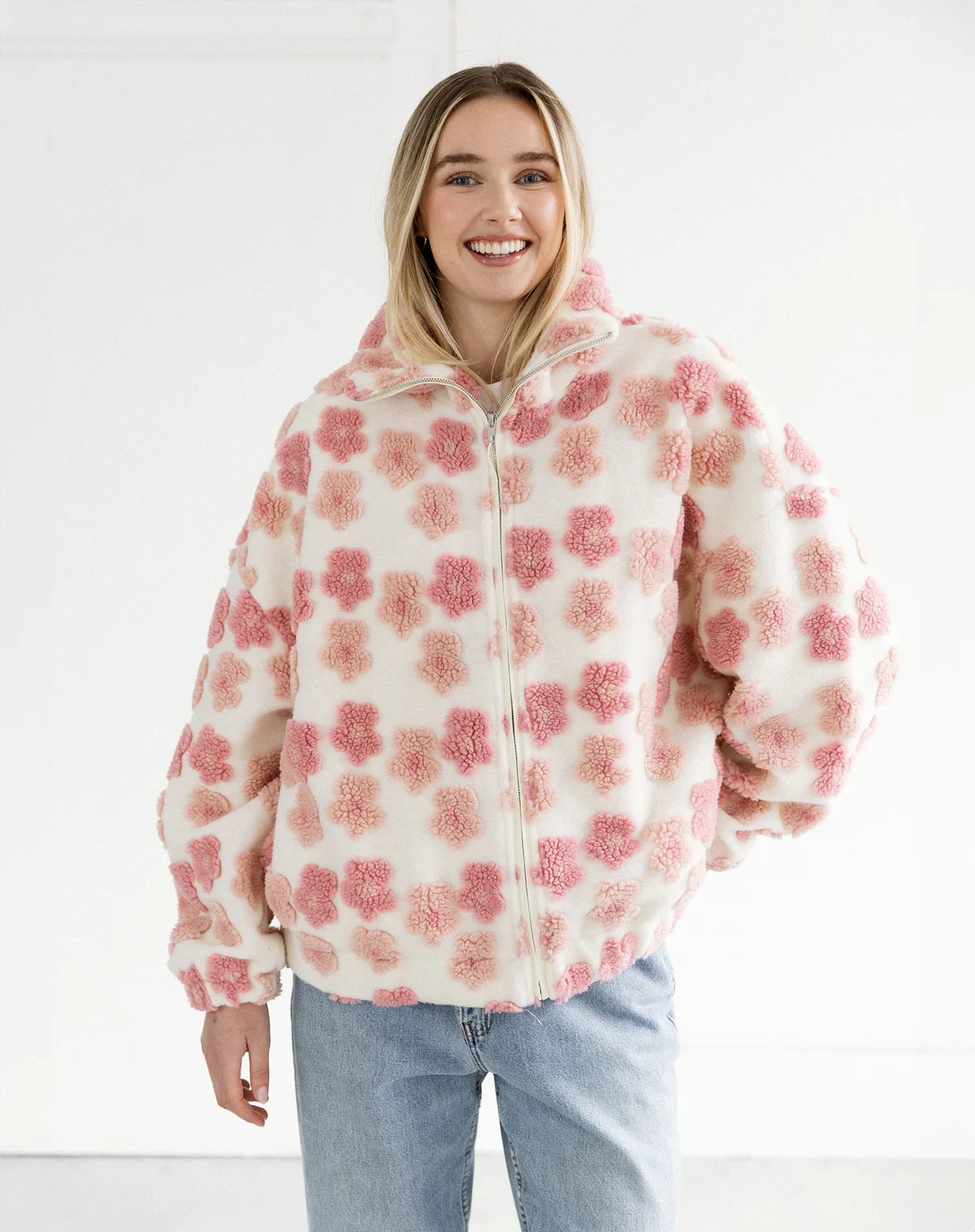Floral Sherpa Jacker in Cream and Pink Flowers - Adorn Boutique