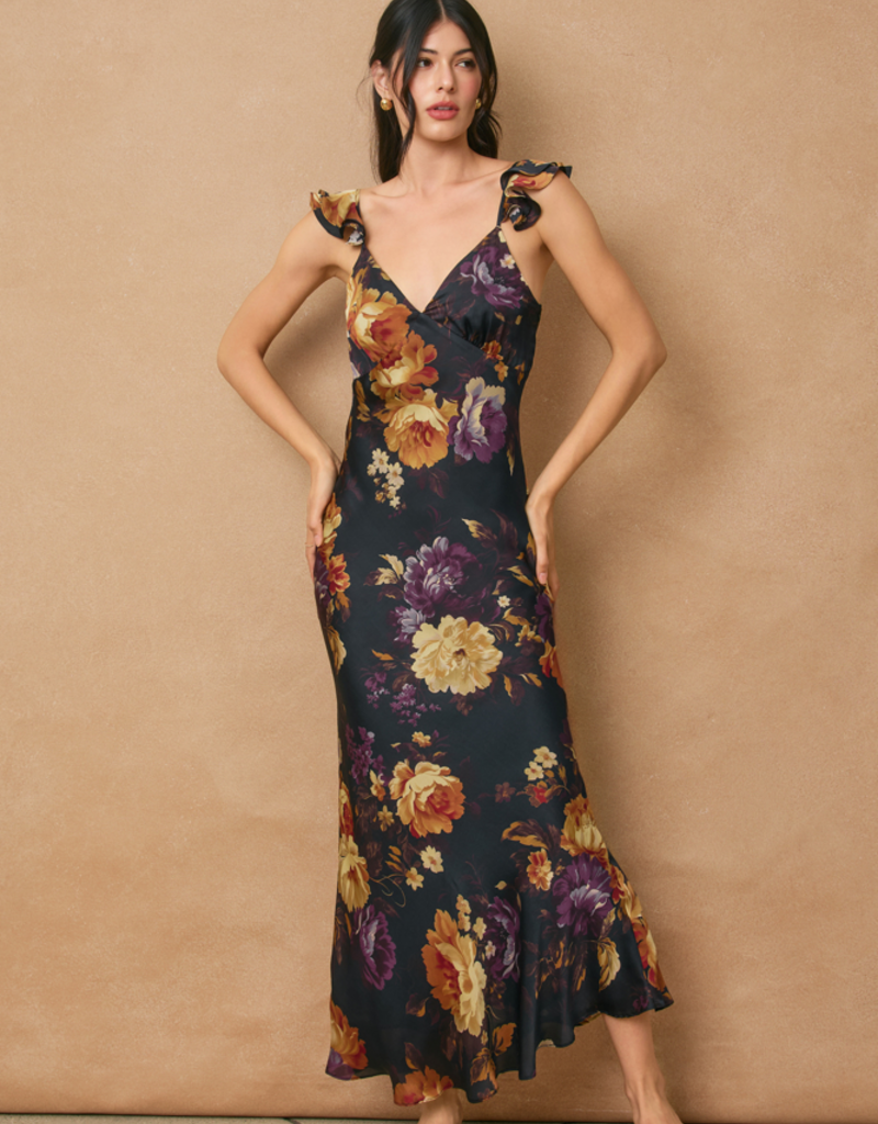 Dress Forum Hidden Haven Flutter Shoulder Maxi Dress in Nightfall Floral Print