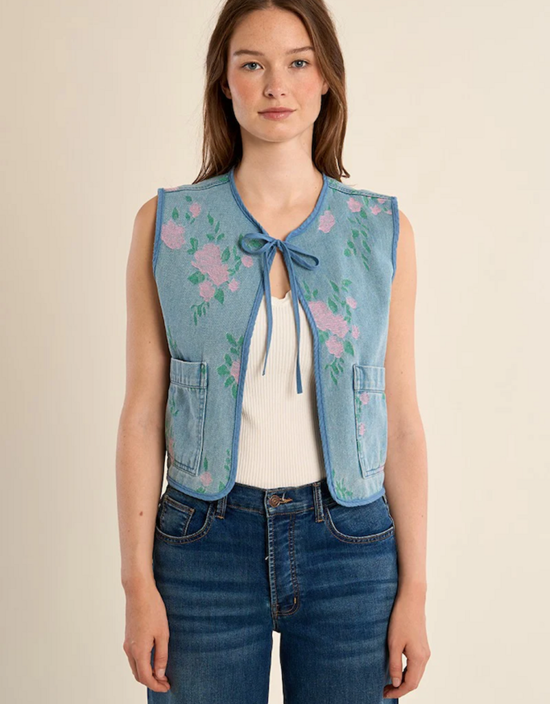 Molly Bracken Katie Floral Printed Denim Bolero Vest