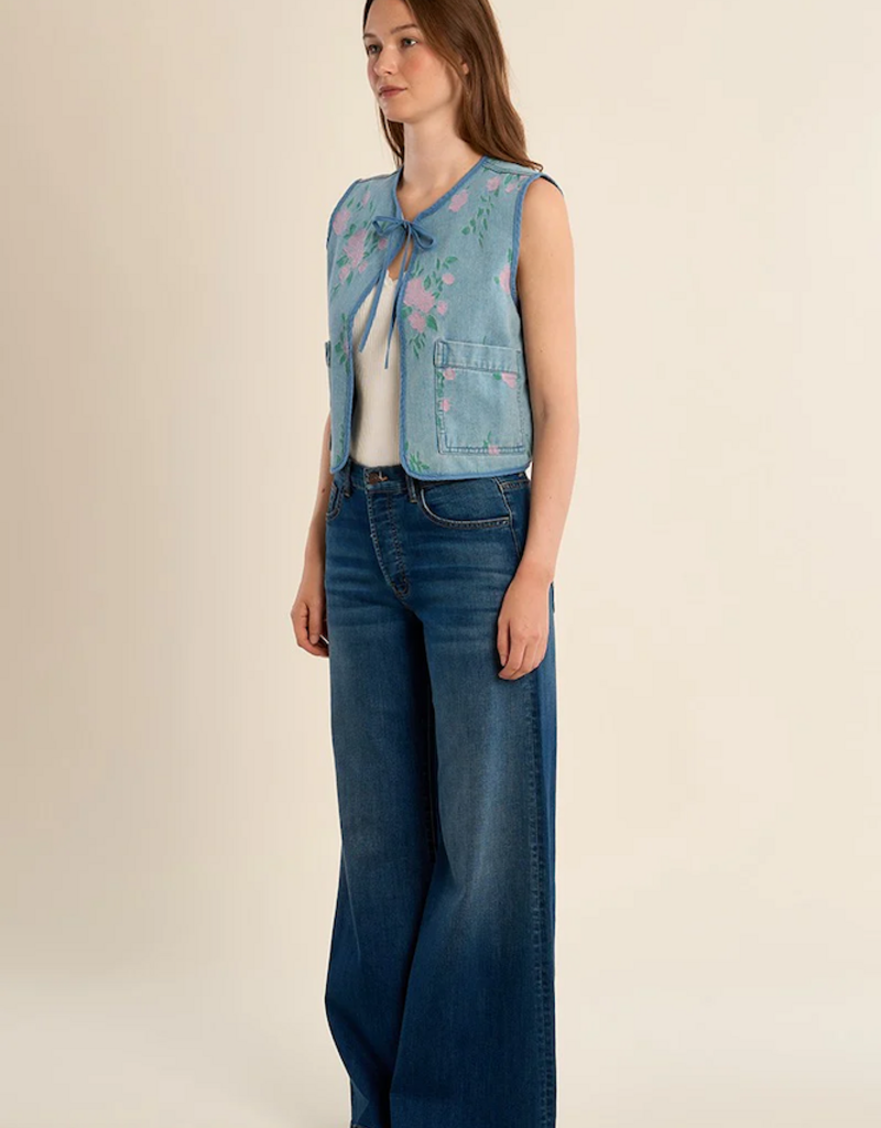 Molly Bracken Katie Floral Printed Denim Bolero Vest