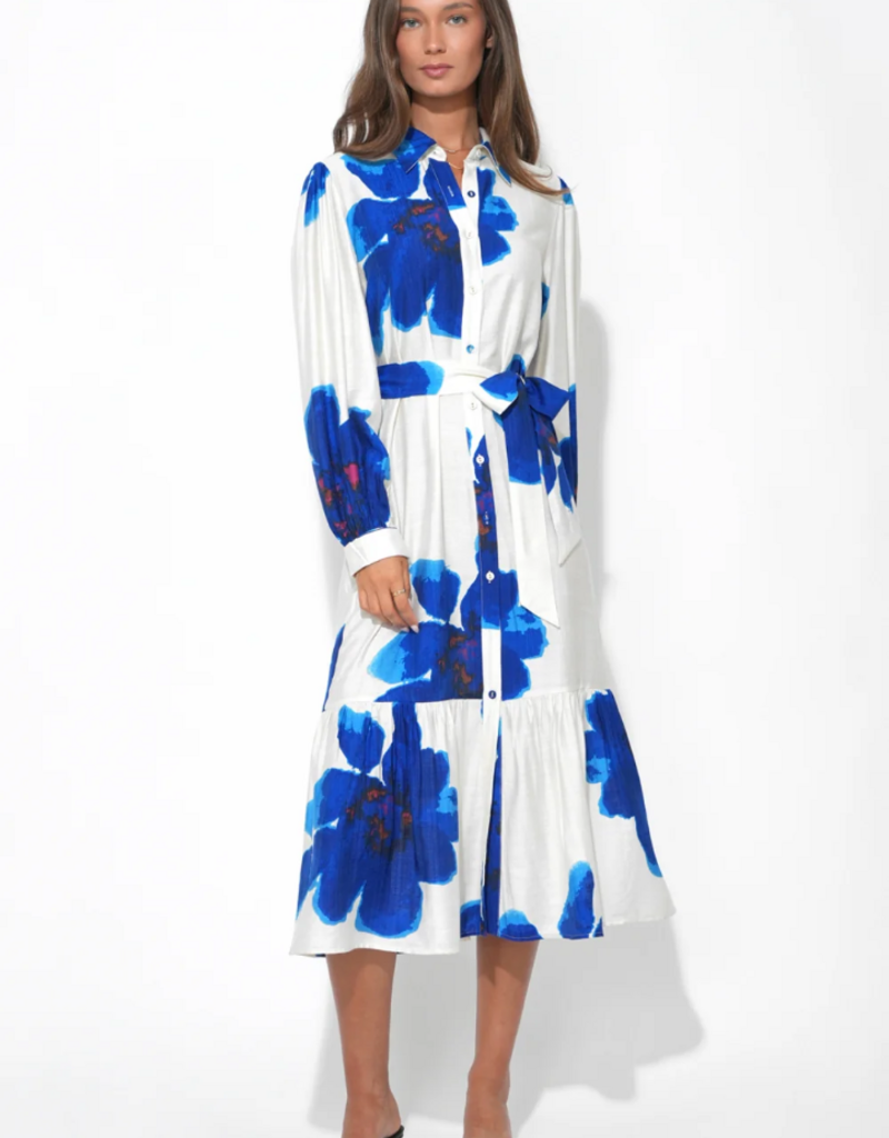 Adelyn Rae Mila Button Up Printed Floral Midi Dress in Royal Blue/White