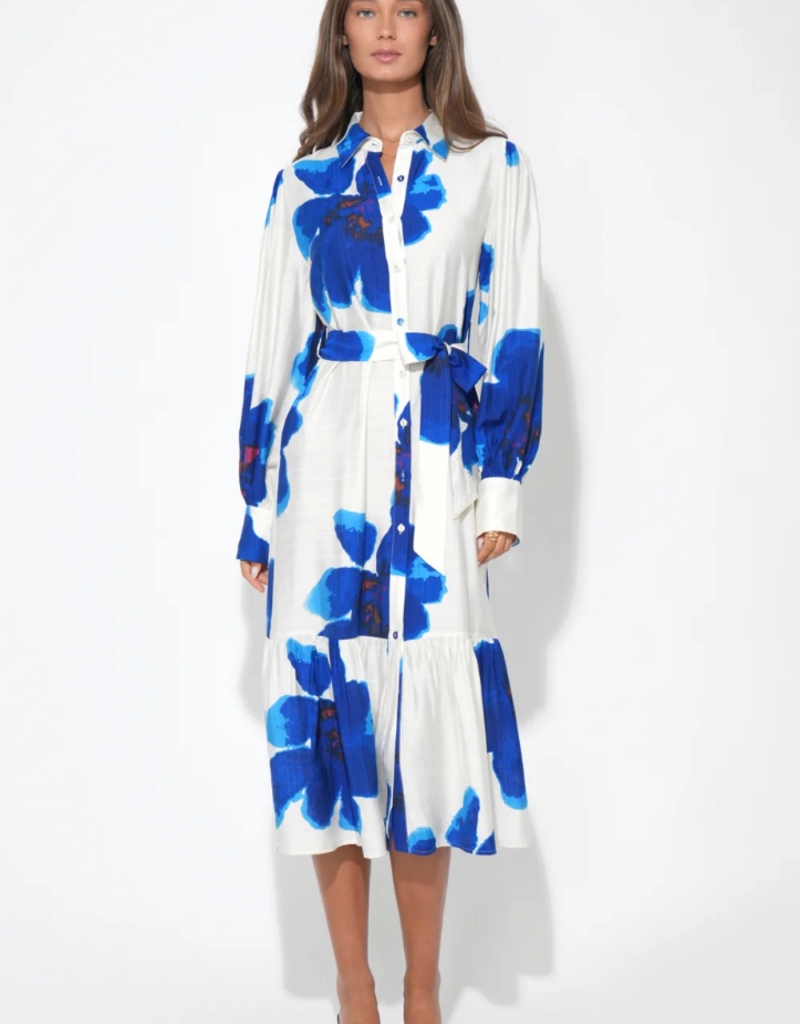 Adelyn Rae Mila Button Up Printed Floral Midi Dress in Royal Blue/White