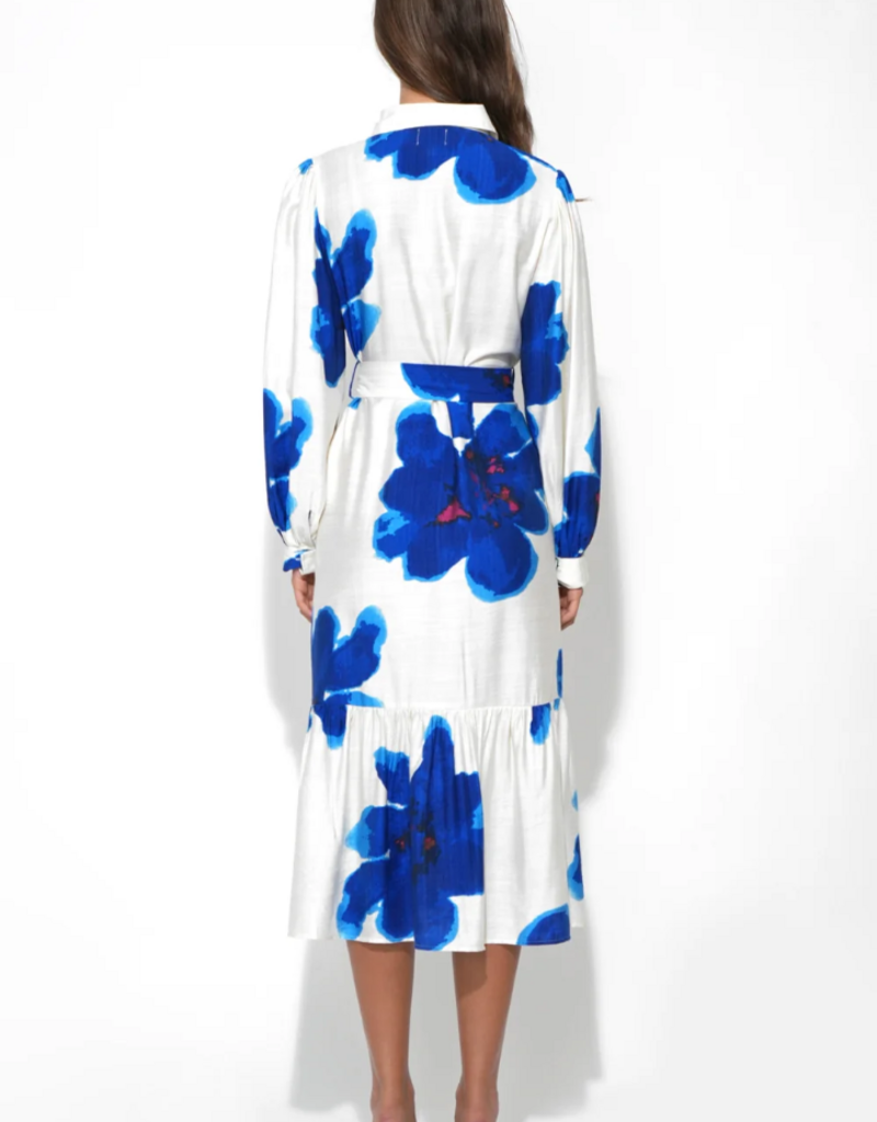 Adelyn Rae Mila Button Up Printed Floral Midi Dress in Royal Blue/White