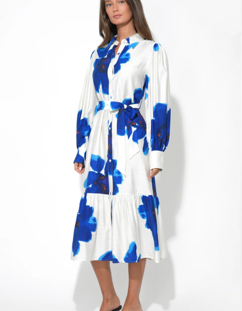 Adelyn Rae Mila Button Up Printed Floral Midi Dress in Royal Blue/White