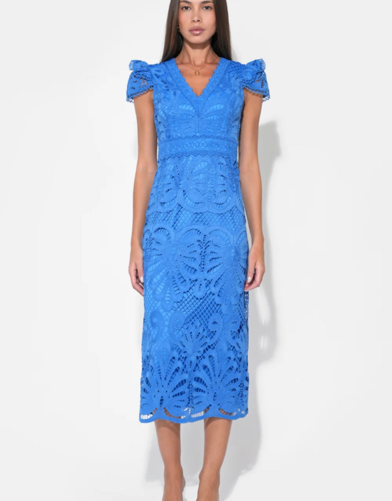 Adelyn Rae Daisy Cap Sleeve Scallop Lace Midi in Corneilia Blue