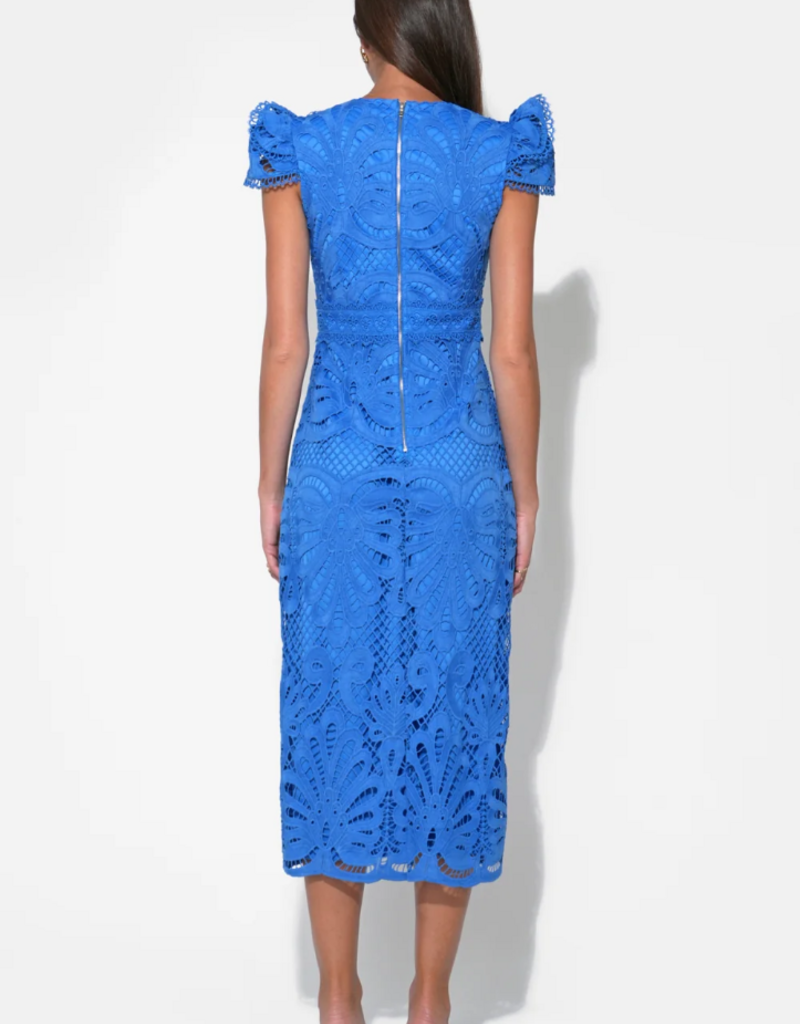Adelyn Rae Daisy Cap Sleeve Scallop Lace Midi in Corneilia Blue