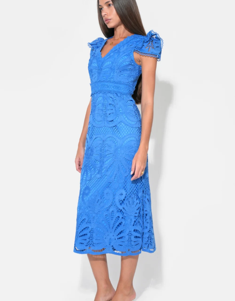 Adelyn Rae Daisy Cap Sleeve Scallop Lace Midi in Corneilia Blue