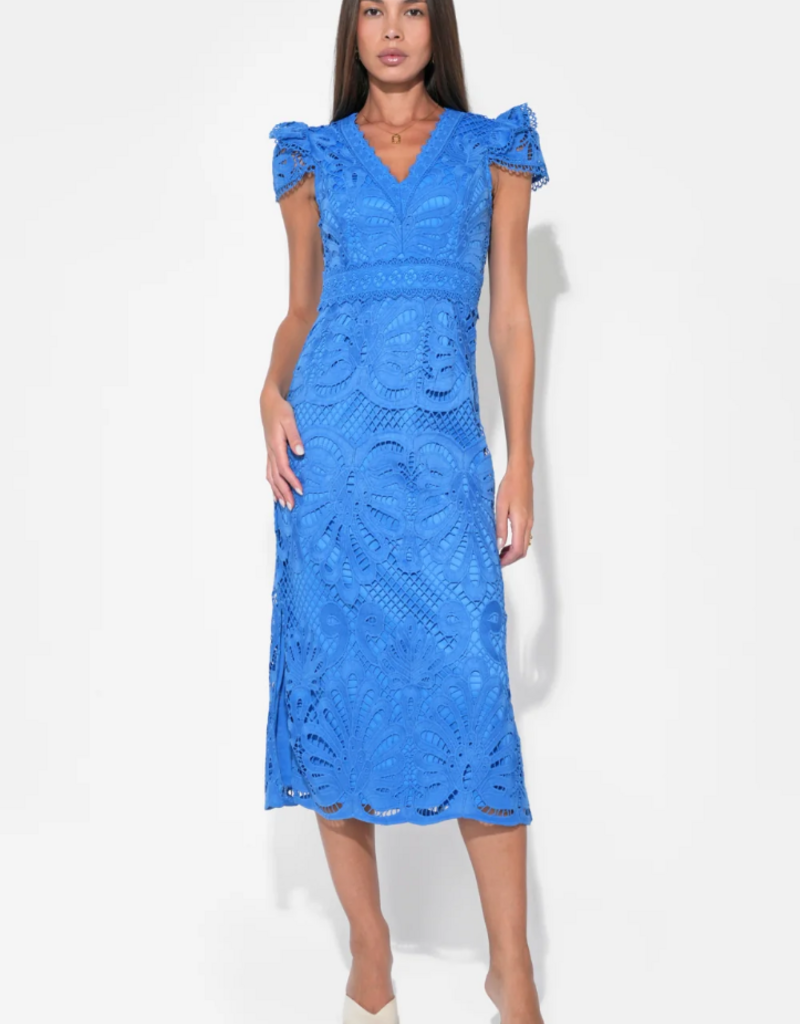 Adelyn Rae Daisy Cap Sleeve Scallop Lace Midi in Corneilia Blue