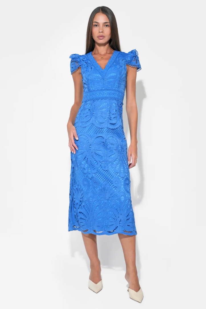 Daisy Cap Sleeve Scallop Lace Midi in Corneilia Blue - Adorn Boutique