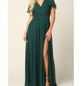 G1K Glenna Surplice Maxi Gown with Sleeves in Hunter Green