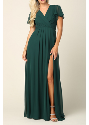 G1K Glenna Surplice Maxi Gown with Sleeves in Hunter Green