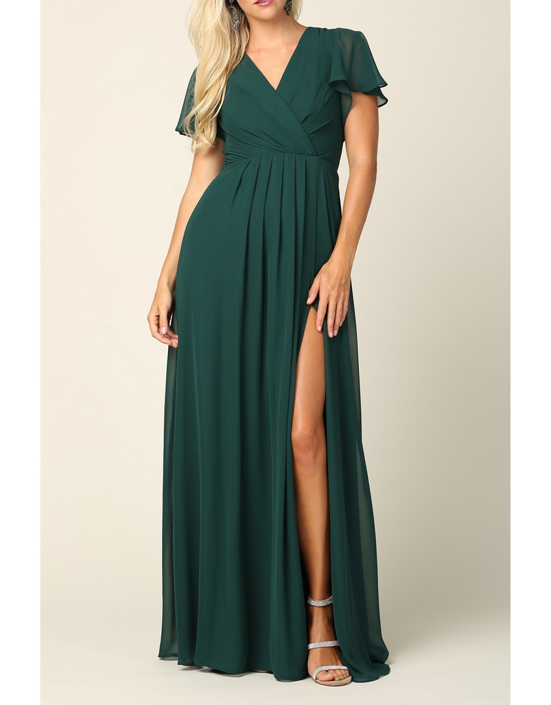 G1K Glenna Surplice Maxi Gown with Sleeves in Hunter Green
