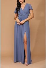 G1K Glenna Surplice Maxi Gown with Sleeves in Dusty Blue
